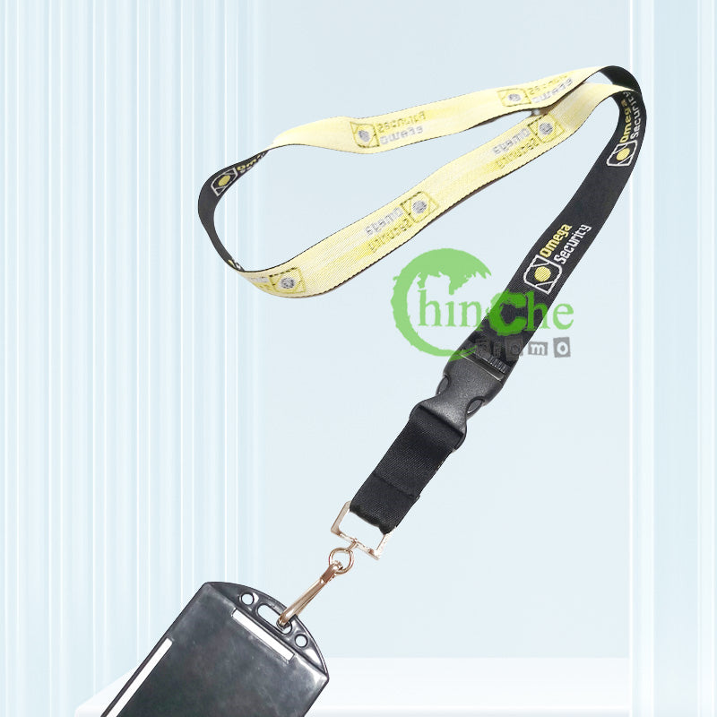 Woven custom lanyard with safety buckle and lobster clasp